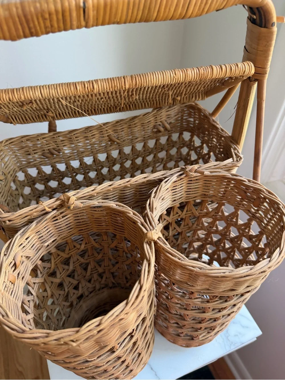 Vintage Woven Rattan Double Bottle Carrier in Natural Brown